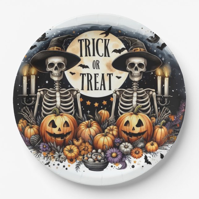 Spooky Skeleton Duo – Trick or Treat Paper Plates (Front)