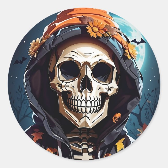 Spooky Skeleton Grinning Halloween Classic Round Sticker (Front)