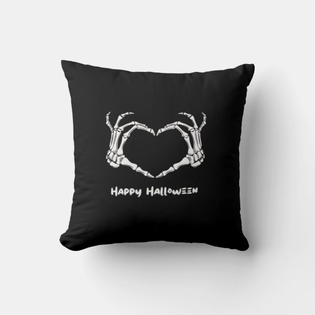 Spooky Skeleton Hand Heart With "Happy Halloween"  Cushion (Front)