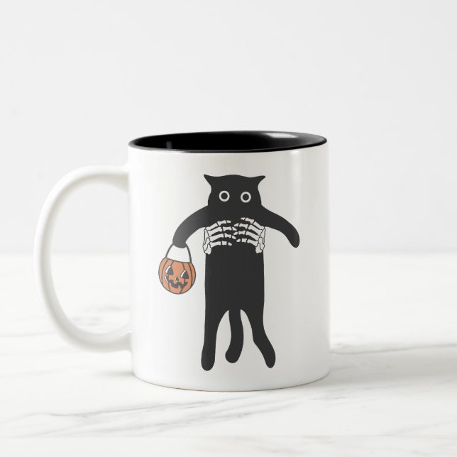 Spooky Skeleton Hand Holding Black Cat Halloween  Two-Tone Coffee Mug (Left)