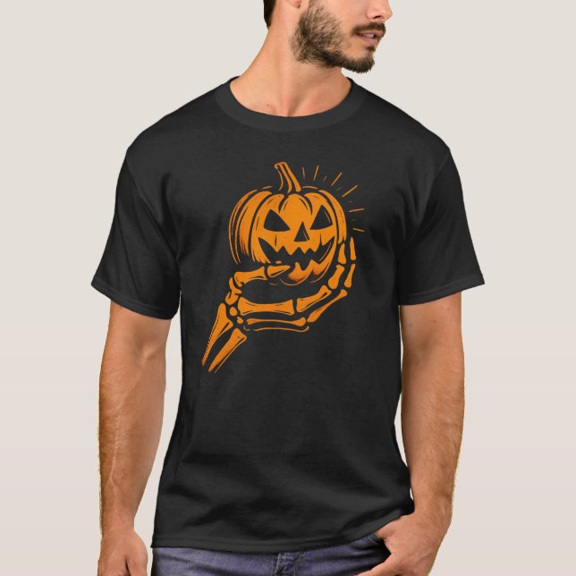 Spooky Skeleton Hand Holding Jack-O'-Lantern T-Shirt (Front)