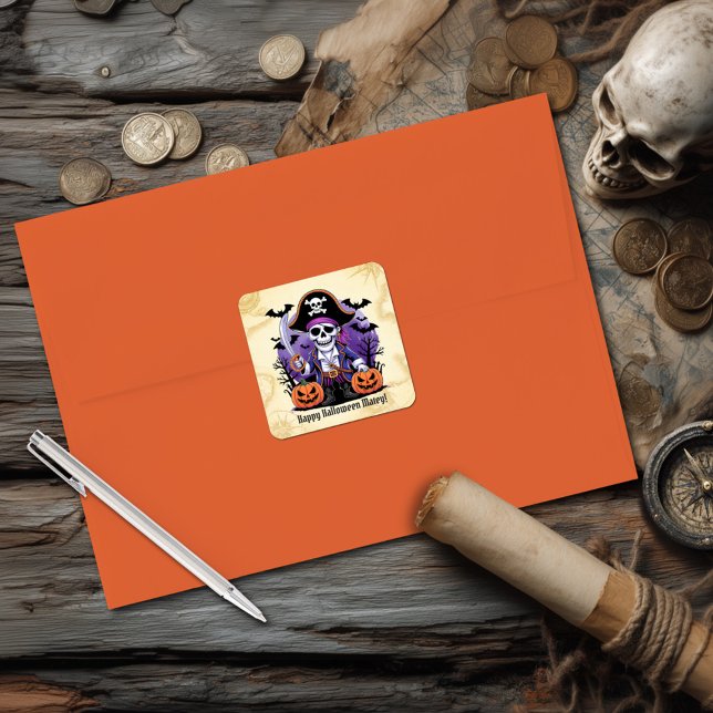 Spooky Skeleton Pirate Halloween Square Sticker (Creator Uploaded)