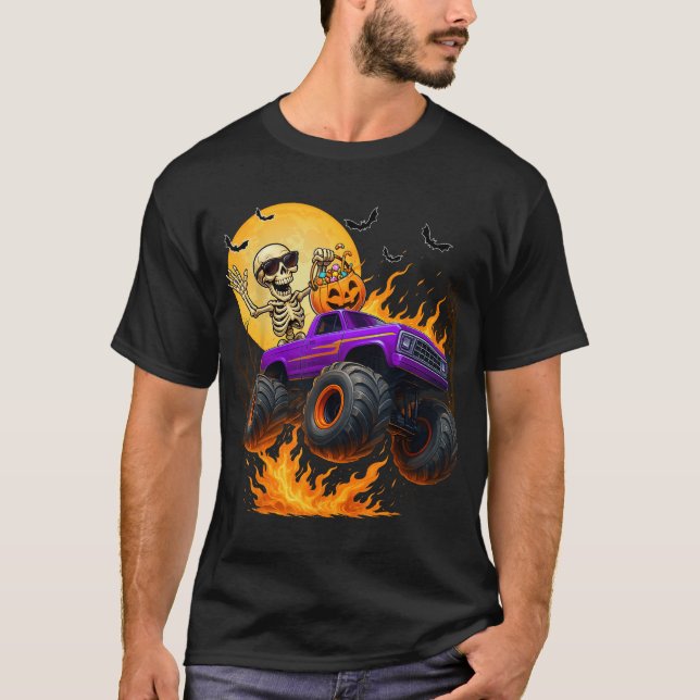 Spooky Skeleton Riding Monster Truck Halloween  T-Shirt (Front)