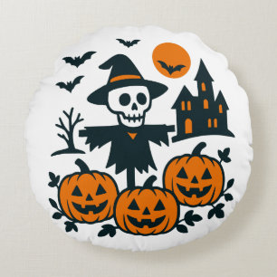 Spooky skeleton scarecrow and haunted house night round cushion