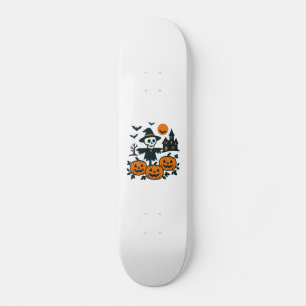 Spooky skeleton scarecrow and haunted house night skateboard