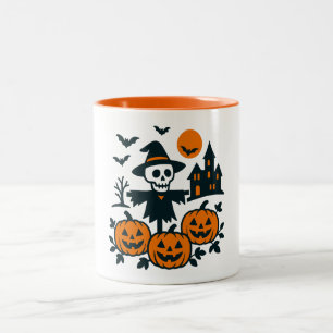 Spooky skeleton scarecrow and haunted house night Two-Tone coffee mug