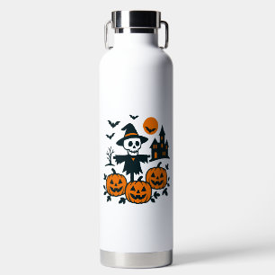 Spooky skeleton scarecrow and haunted house night water bottle