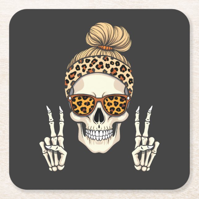 Spooky Skeleton Skull Leopard Halloween Mum  Square Paper Coaster (Front)