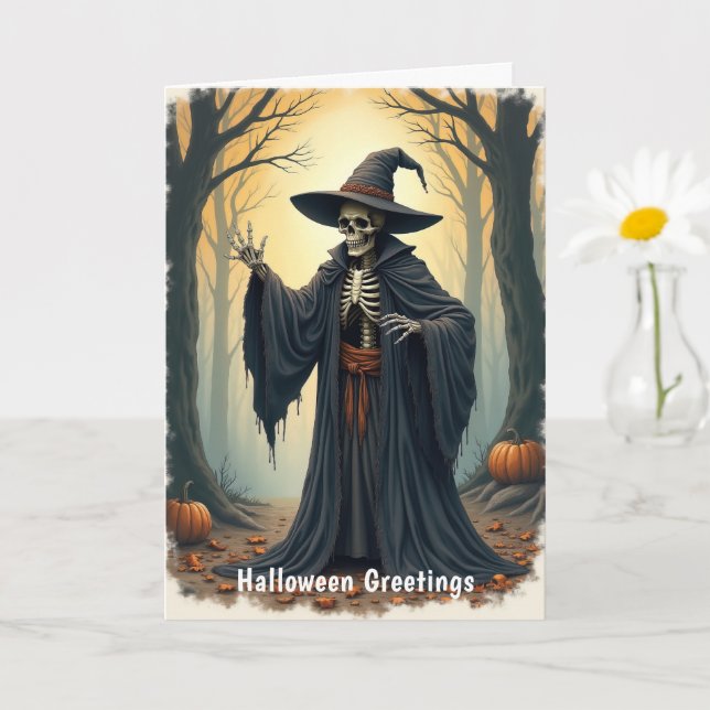 Spooky Skeleton Witch in Haunted Forest Halloween  Card (Small Plant)