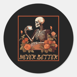 Spooky Skeleton With Coffee And Flowers Halloween  Classic Round Sticker