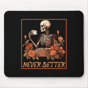 Spooky Skeleton With Coffee And Flowers Halloween Mouse Mat