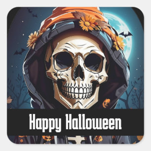 Spooky Skeleton with Evil Pumpkins Halloween Square Sticker