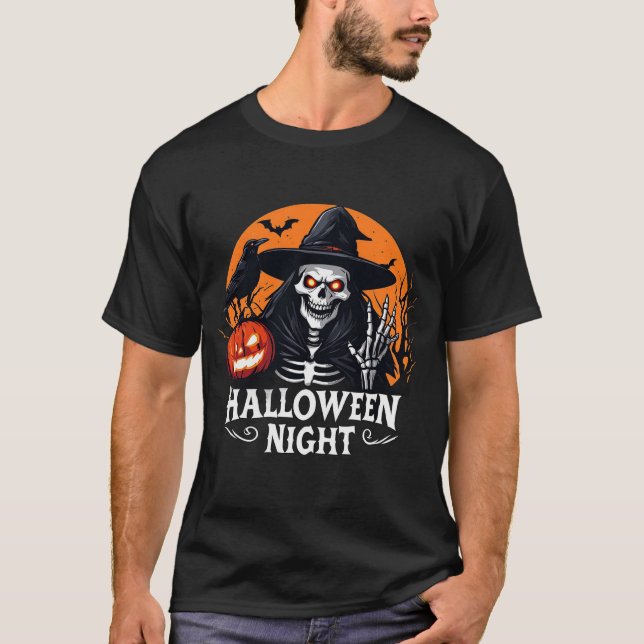Spooky Skeleton With Glowing Pumpkin Witch 🎃 T-Shirt (Front)
