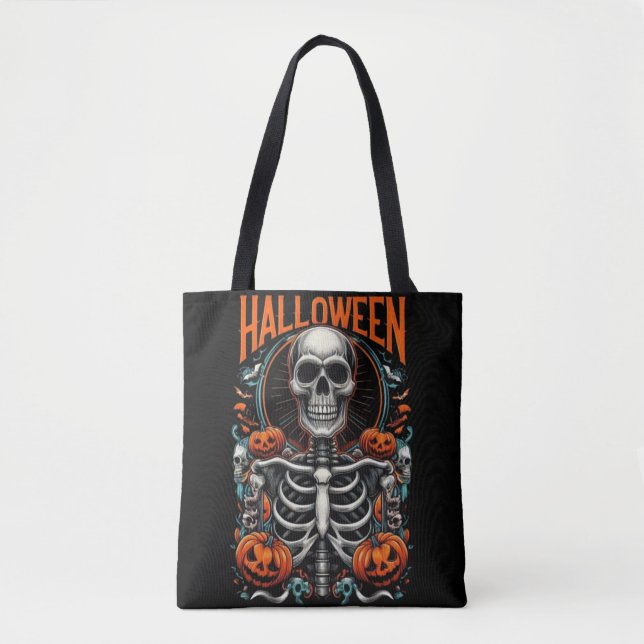 Spooky Skeleton with Pumpkins Macabre Halloween Tote Bag (Front)