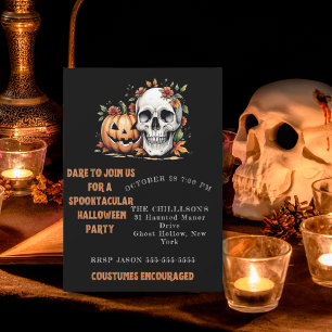 Spooky Skull and Pumpkin Art Invitation