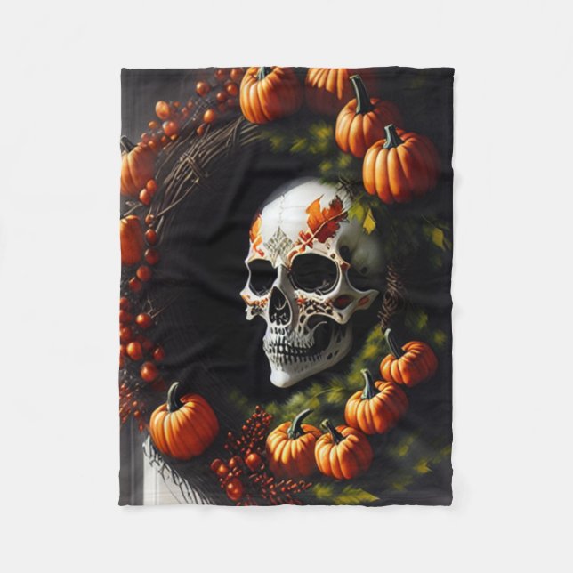 Spooky Skull and Pumpkin Wreath Fleece Blanket (Front)
