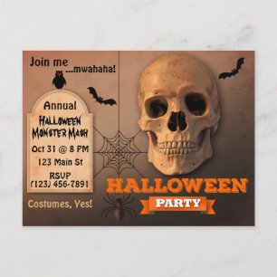 Spooky Skull, Bats and Spider Halloween Invitation Postcard