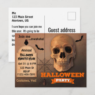 Spooky Skull, Bats and Spider Halloween Invitation Postcard