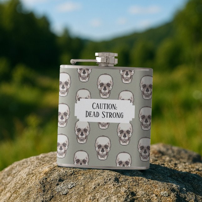 Spooky Skull Dead Strong Add Your Own Text Pattern Hip Flask (Creator Uploaded)