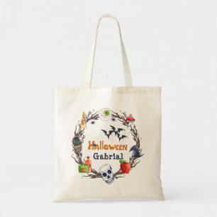 Spooky Skull eyeball Bats Halloween Wreath Candy Tote Bag