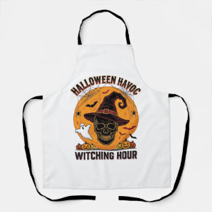 Spooky Skull Moon Vintage Halloween Witch Hat Desi Apron