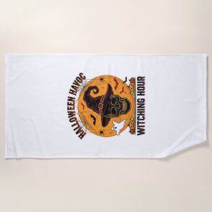 Spooky Skull Moon Vintage Halloween Witch Hat Desi Beach Towel
