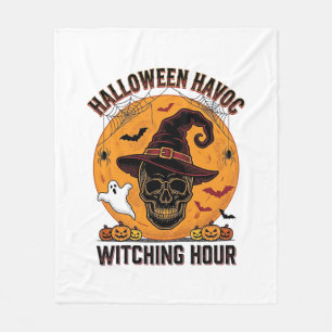 Spooky Skull Moon Vintage Halloween Witch Hat Desi Fleece Blanket