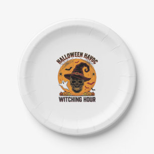 Spooky Skull Moon Vintage Halloween Witch Hat Desi Paper Plate