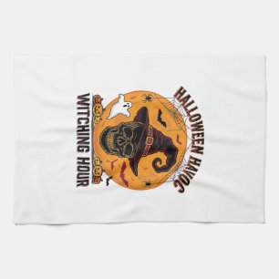 Spooky Skull Moon Vintage Halloween Witch Hat Desi Tea Towel