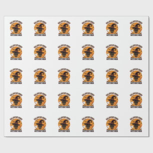 Spooky Skull Moon Vintage Halloween Witch Hat Desi Wrapping Paper
