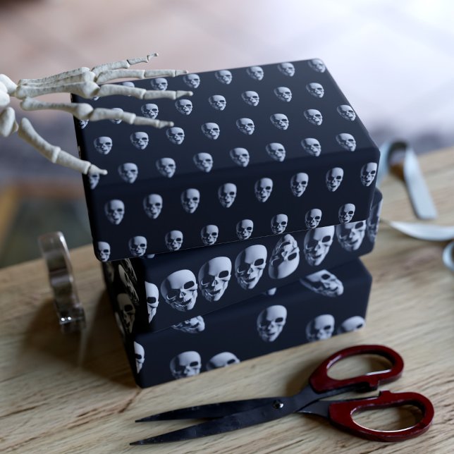 Spooky Skull Pattern Black Wrapping Paper Sheets (A trio of skull pattern wrapping paper sheets suitable for all birthdays on Halloween)