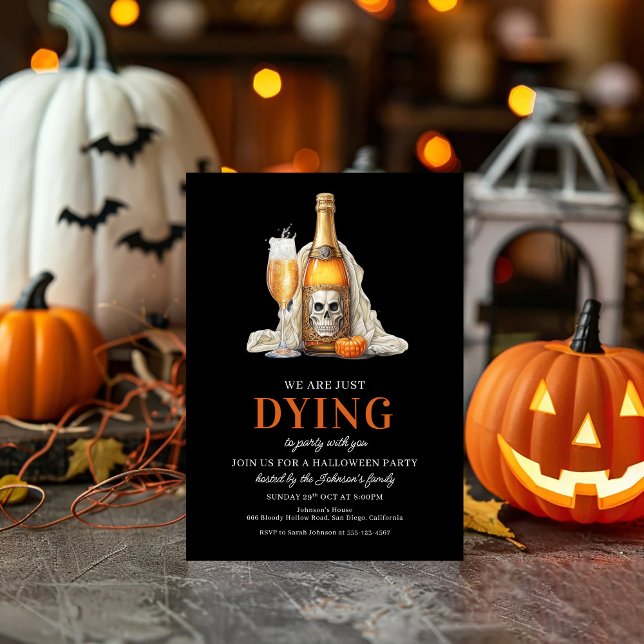 Spooky Skull Pumpkin Wine Halloween Party Holiday Card (Creator Uploaded)
