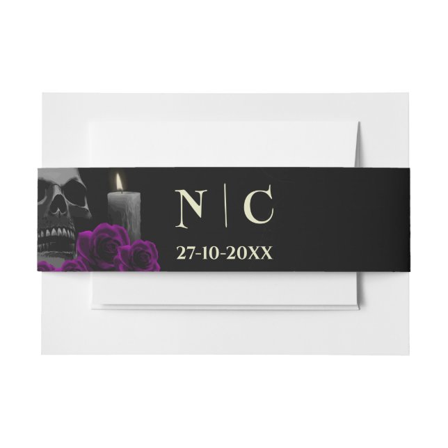 Spooky Skull Purple Roses Halloween Wedding Belly Invitation Belly Band (Front Example)