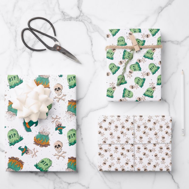 Spooky Skulls and Tombstones Halloween Wrapping Paper Sheet (Front)