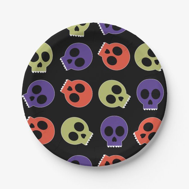 Spooky Skulls Happy Halloween Paper Plate (Front)