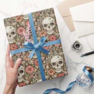 Spooky Skulls & Red Flowers Wrapping Paper