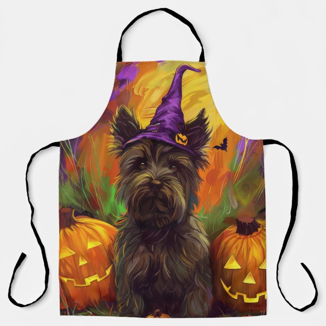Spooky Skye Terrier Dog Halloween Witch Pumpkin Apron (Front)