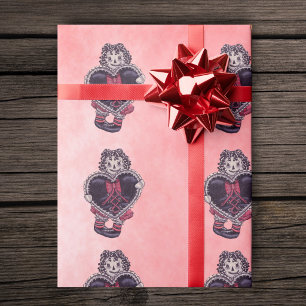 Spooky Smiling Rag Doll Lace Trim Black Heart Reds Wrapping Paper