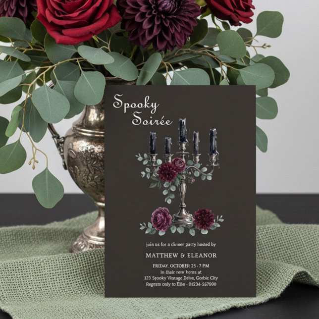 Spooky Soiree Gothic Halloween Dinner Party Invitation (Spooky Soiree invitation with gothic candelabra and flowers by Darling & May (printed or digital))