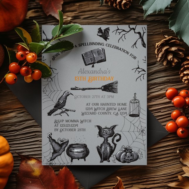 Spooky Spellbinding Halloween Birthday Party Invitation (Spooky Kids Halloween Party Invitation. Creepy Bats, Webs, Black Cat, Cauldron, Black Raven, Pumpkin)