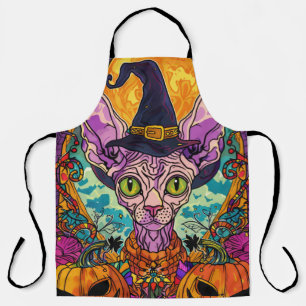 Spooky Sphynx Cat Halloween Witch And Pumpkin Apron
