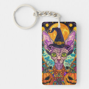 Spooky Sphynx Cat Halloween Witch And Pumpkin Key Ring
