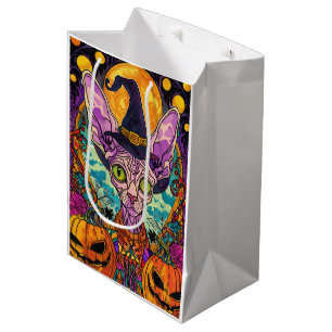 Spooky Sphynx Cat Halloween Witch And Pumpkin Medium Gift Bag