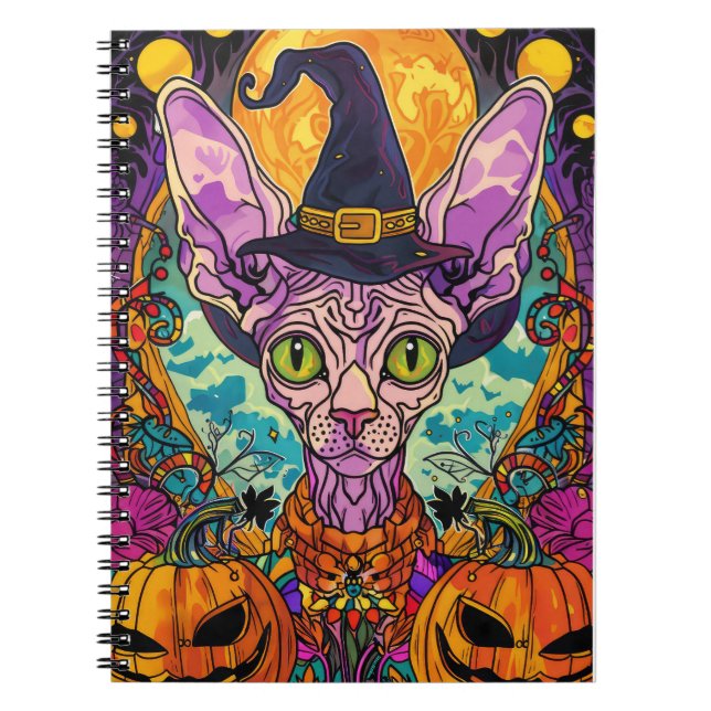 Spooky Sphynx Cat Halloween Witch And Pumpkin Notebook (Front)