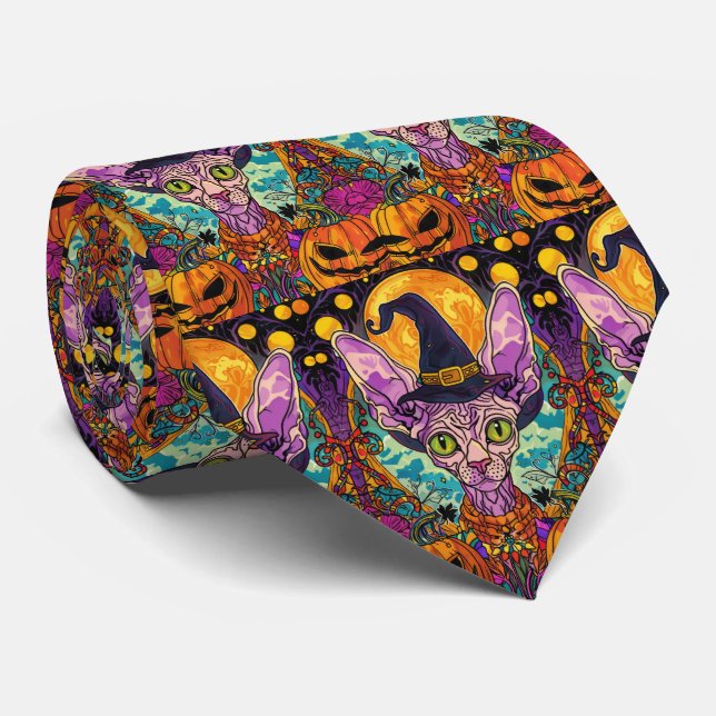 Spooky Sphynx Cat Halloween Witch And Pumpkin Tie (Rolled)