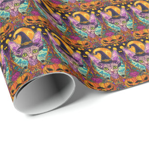 Spooky Sphynx Cat Halloween Witch And Pumpkin Wrapping Paper