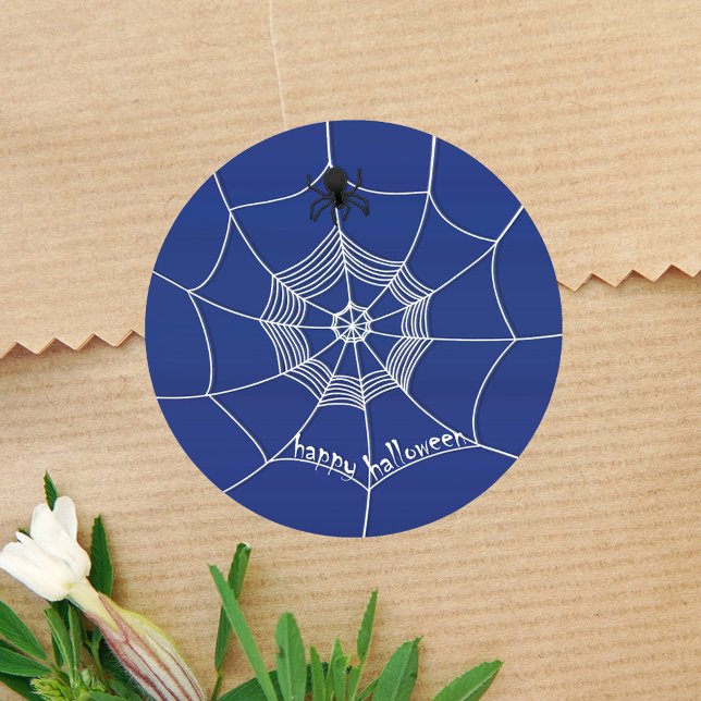 Spooky Spider Happy Halloween Classic Round Sticker (Happy Halloween spooky spider sticker)