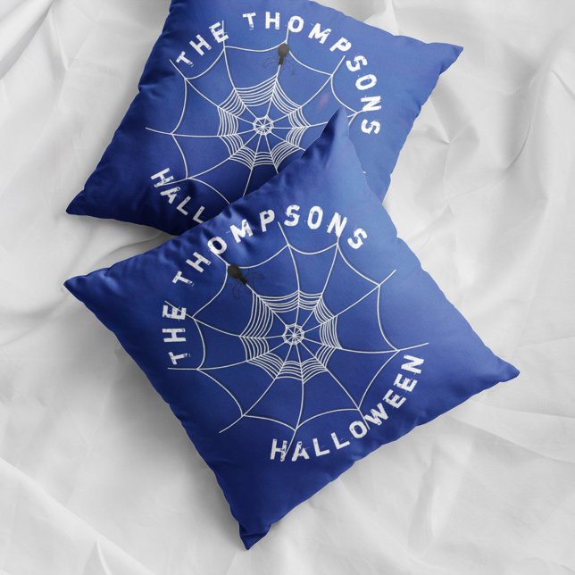 Spooky Spider in Spider Web Personalised Cushion (Blue Halloween spider web pillow with personalized family name and spooky spider decor.)