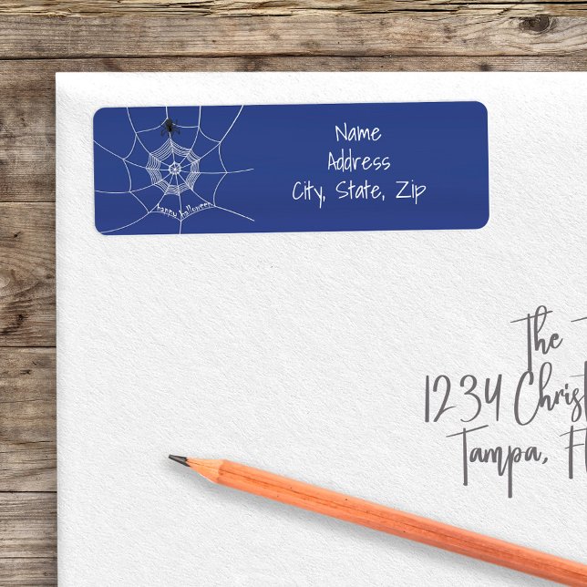 Spooky Spider spinning Happy Halloween Web (Blue Spider web cute halloween return address labels. )