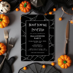 Spooky Spider Web Black & White Halloween Party Invitation